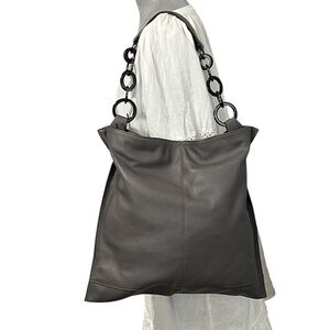 Juls Chic Gray Pebbled Leather Hobo Tote Bag With Chain Link Strap/Long Strap